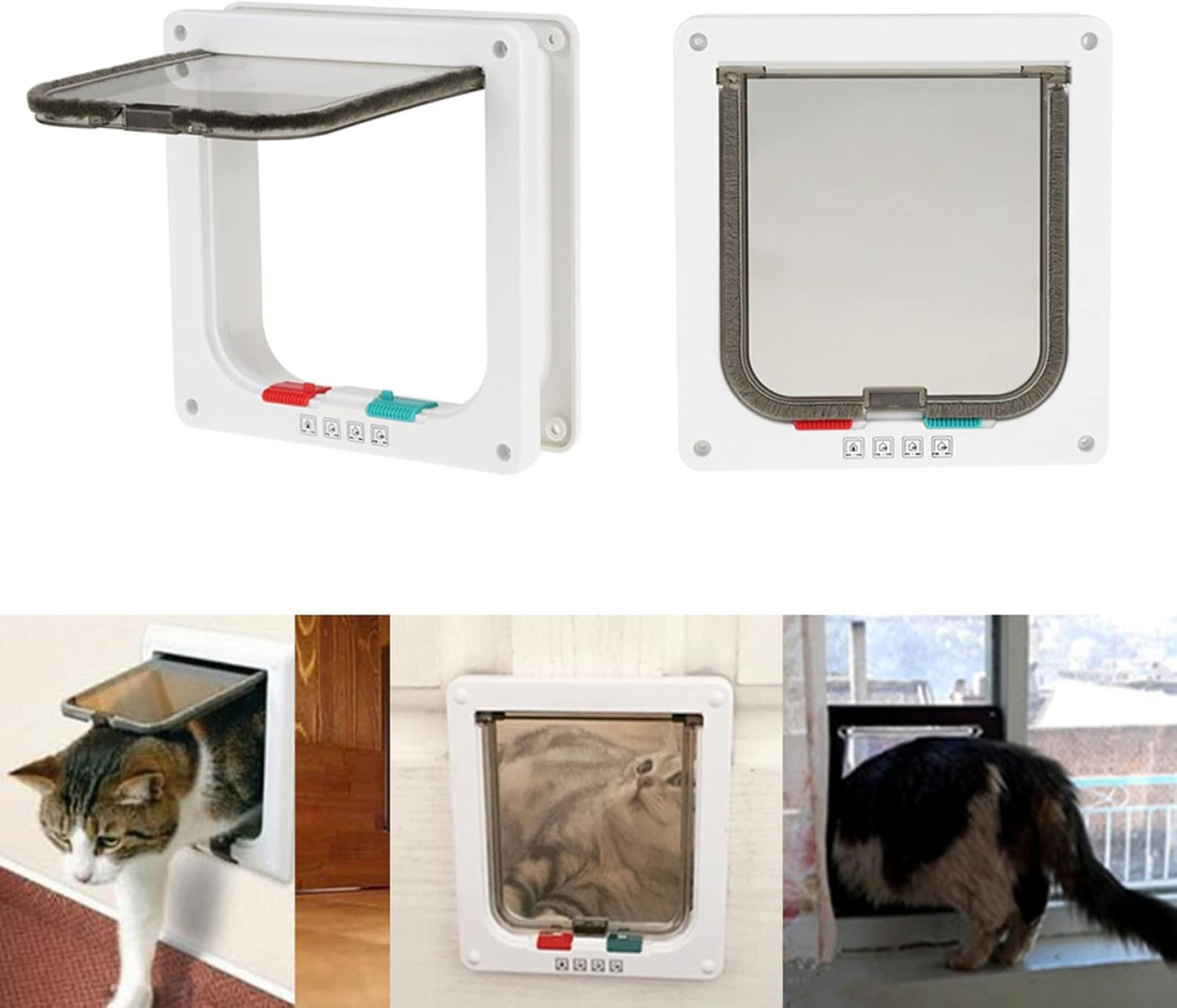 Lockable Pet Door with 4 Way Control, Small Dog Cat Flap, White Plastic L Size 23.5x25.2cm - Weatherproof Double Flap, Easy DIY Installation, Ideal for Indoor and Outdoor Use