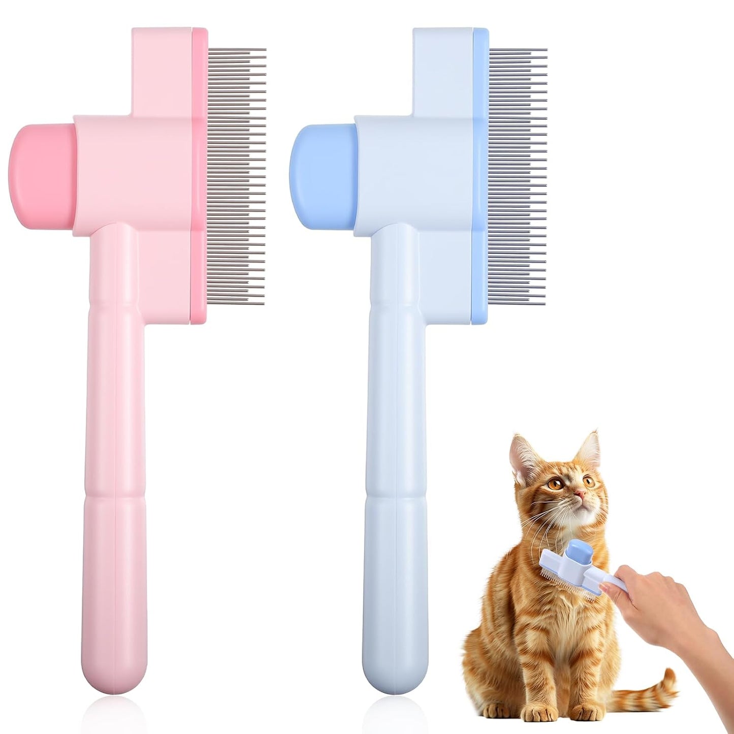 2 Pcs Pet Flea Hair Comb Self Cleaning Cat Brush with Release Button Comfort Safety Stainless Steel Brush Short Long Hair Removal Dogs Grooming Comb for Shedding Tangles