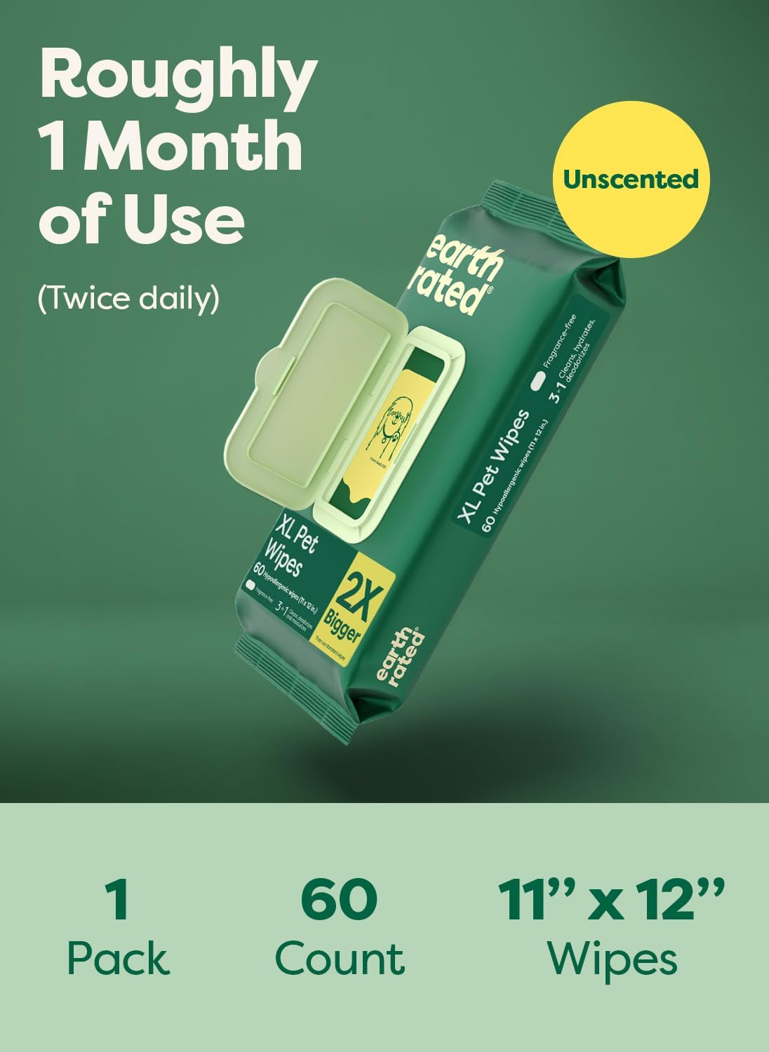 Earth Rated XL Pet Wipes for Dogs & Cats, 3-in-1 Unscented Hypoallergenic Cleaning, Deodorizing and Hydrating Extra Large Grooming for Body, Paws and Butt, Unscented, 60 Count