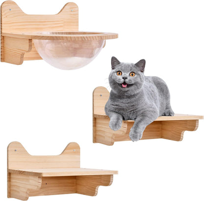 Wooden Cat Space Capsule with Jumping Platforms, Wall-Mounted Pet Bed with Acrylic Dome, Pine Wood Climbing Perch, Large Transparent House for Home, Cat Cafes, Pet Stores, Pet Hospitals
