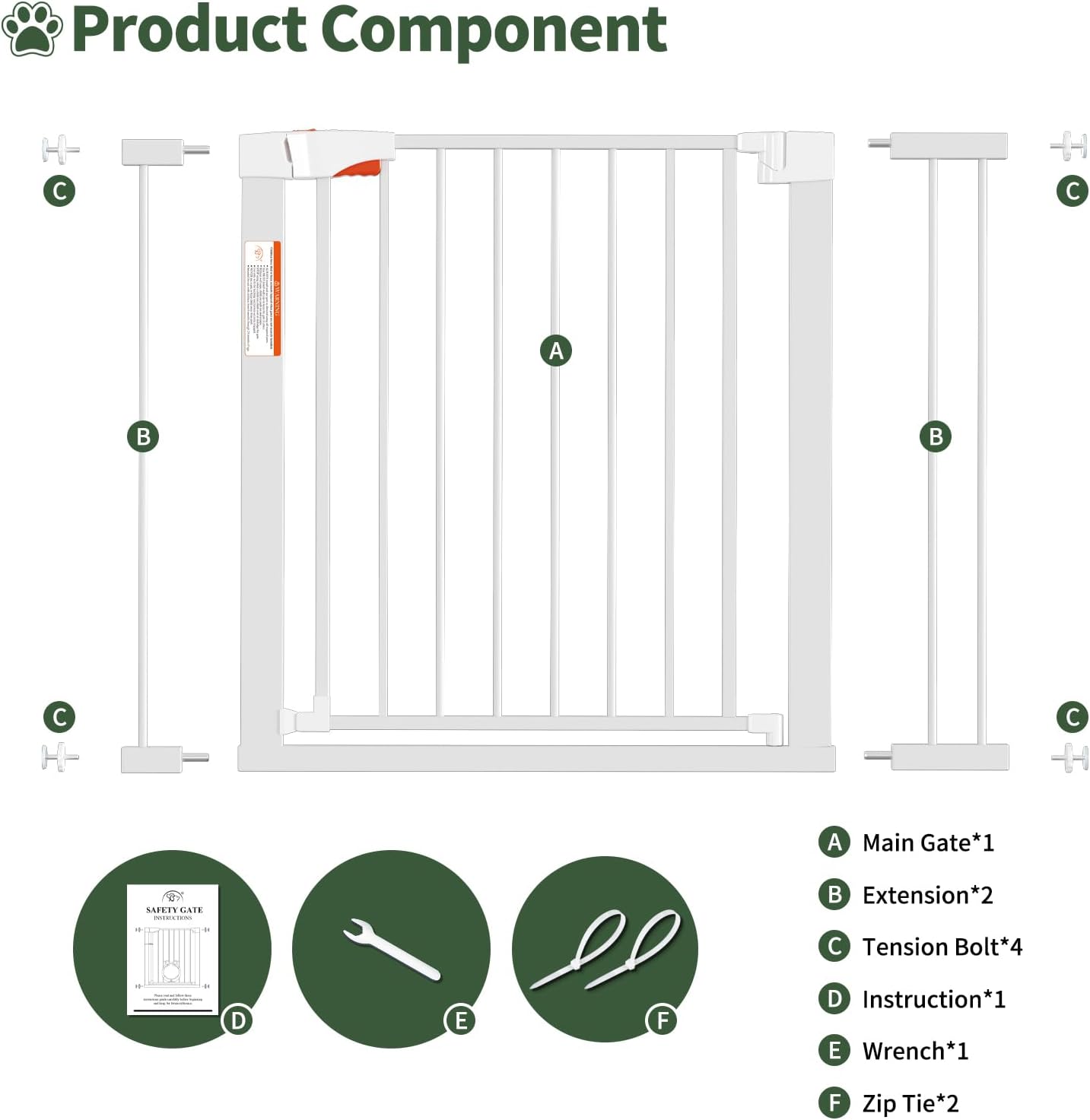 Metal Dog Gate for Door,Pressure Mounted Auto-Close Pet Gates for Dogs Indoor, Doggie Gate(White,36" Tall)
