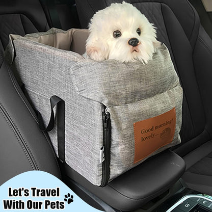 Center Console Dog Car Seat Portable Pet Car Seats Multi-Purpose Dog Booster Seats Travel Pet Bed with Soft Cushion Safety Belt Adjustable Straps and Storage Pocket for Small Pet