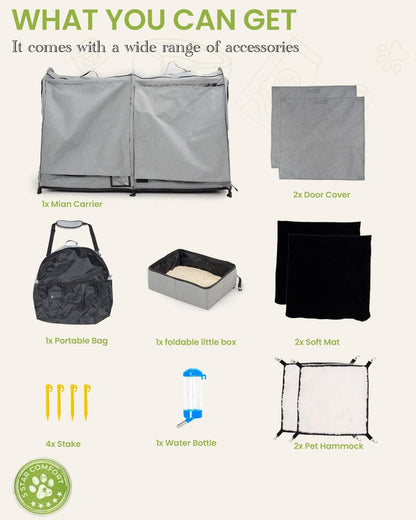 Portable Twin Compartment Show House Cat Cage Condo,Comfy Puppy Home Dog Travel Crate with Carry Bag,2 Hammocks and Mats & Collapsible Litter Box and Water Bottle