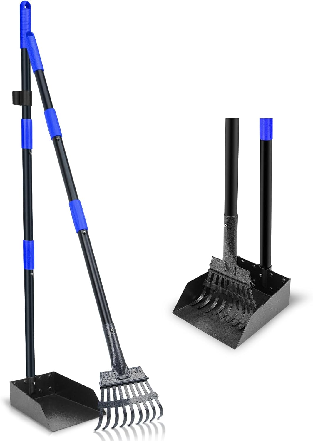 Pooper Scooper, Dog Pooper Scooper Tray and Rake Set with Adjustable Stainless Steel Long Handle for Large Medium Small Dogs (Blue)