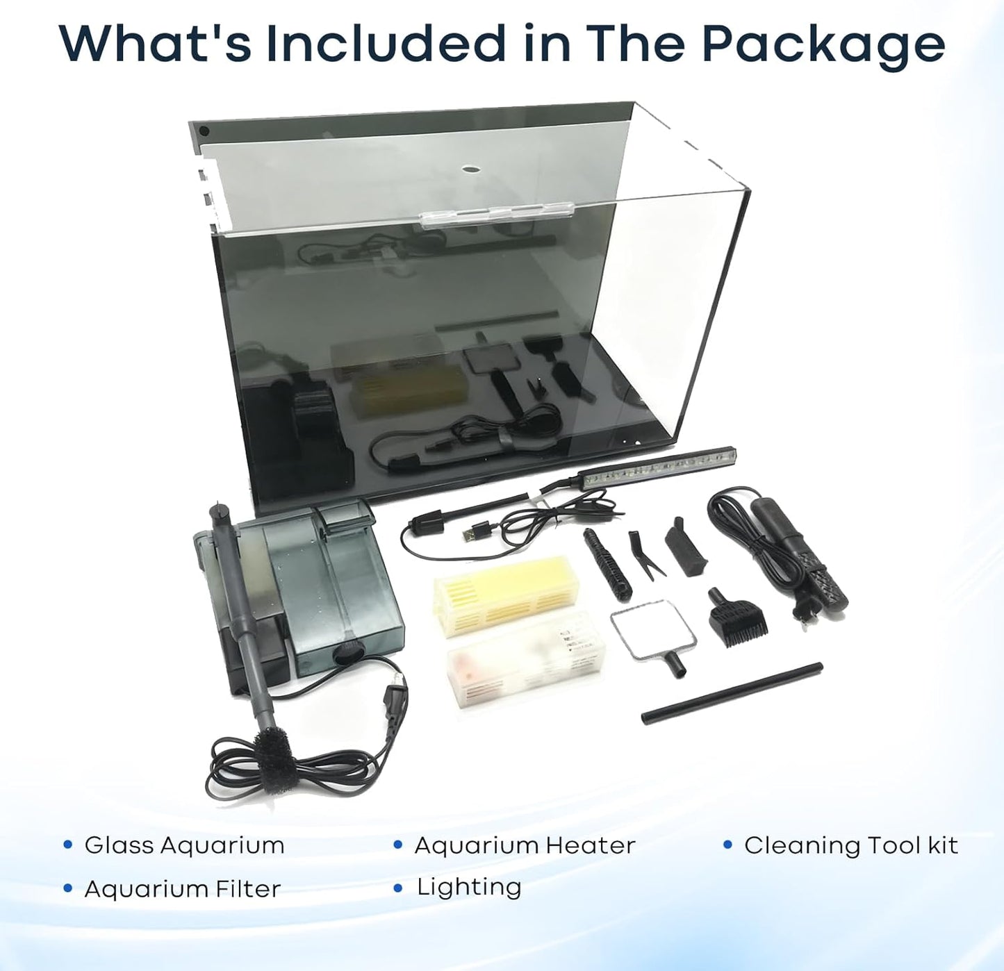 10 Gallon Aquarium Set Glass Fish Tank, Heater Self Cleaning System Filter with Media Bright Light Cleaning Tool, Leak-Proof Clear Rimless Betta Tropical Freshwater Fish