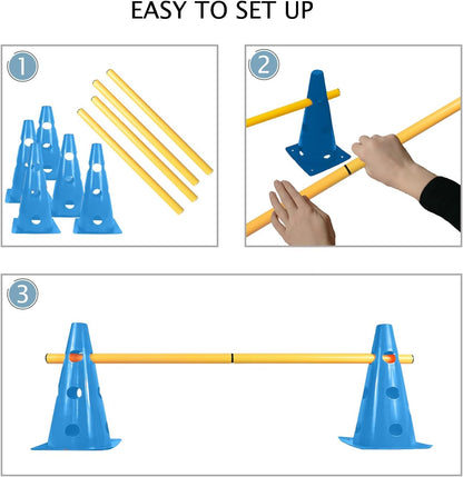 TNZMART Dog Agility Hurdle Cones Pet Jump Training Set Dog Agility Course Backyard Set Adjustable Obstacle Training Set (Blue, 6 Sets)