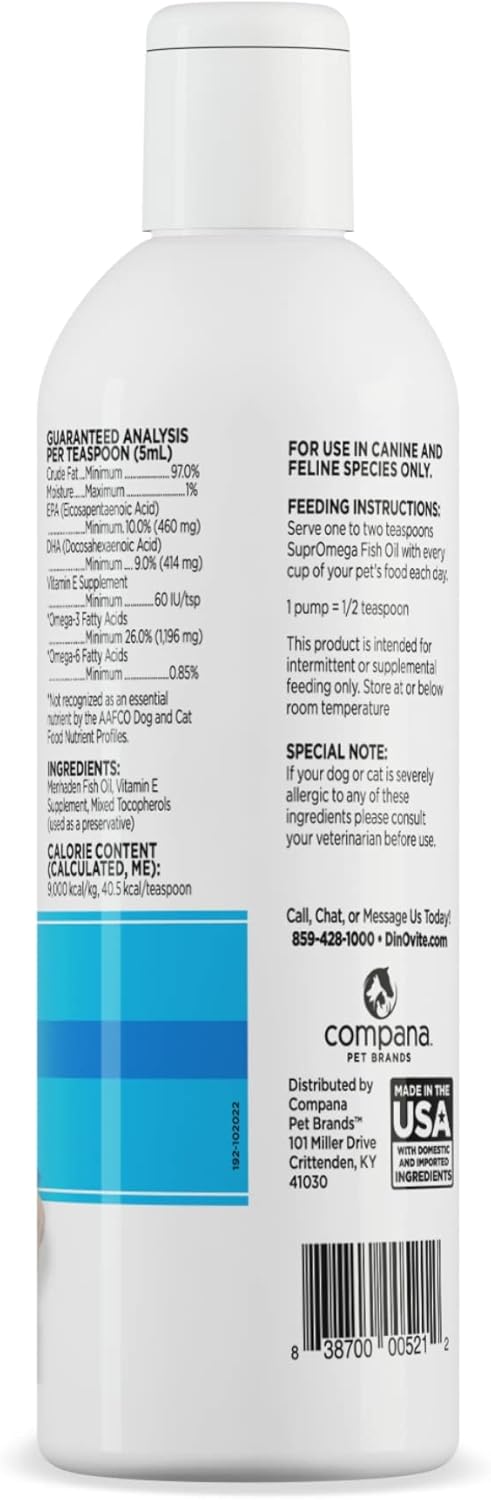 Dinovite SuprOmega Fish Oil for Dogs & Cats - Vitamin E & Omega 3 Meal Topper - Skin & Coat Health for Dogs & Cats - 8 oz