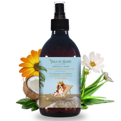 The 100% Natural Dog Cologne Spray - Tropical Bliss Dog Perfume - Calming- Vegan - Chamomile, Calendula & Aloe Vera calming - Pet Deodorizing Spray - Made in the UK - 10 Fl Oz