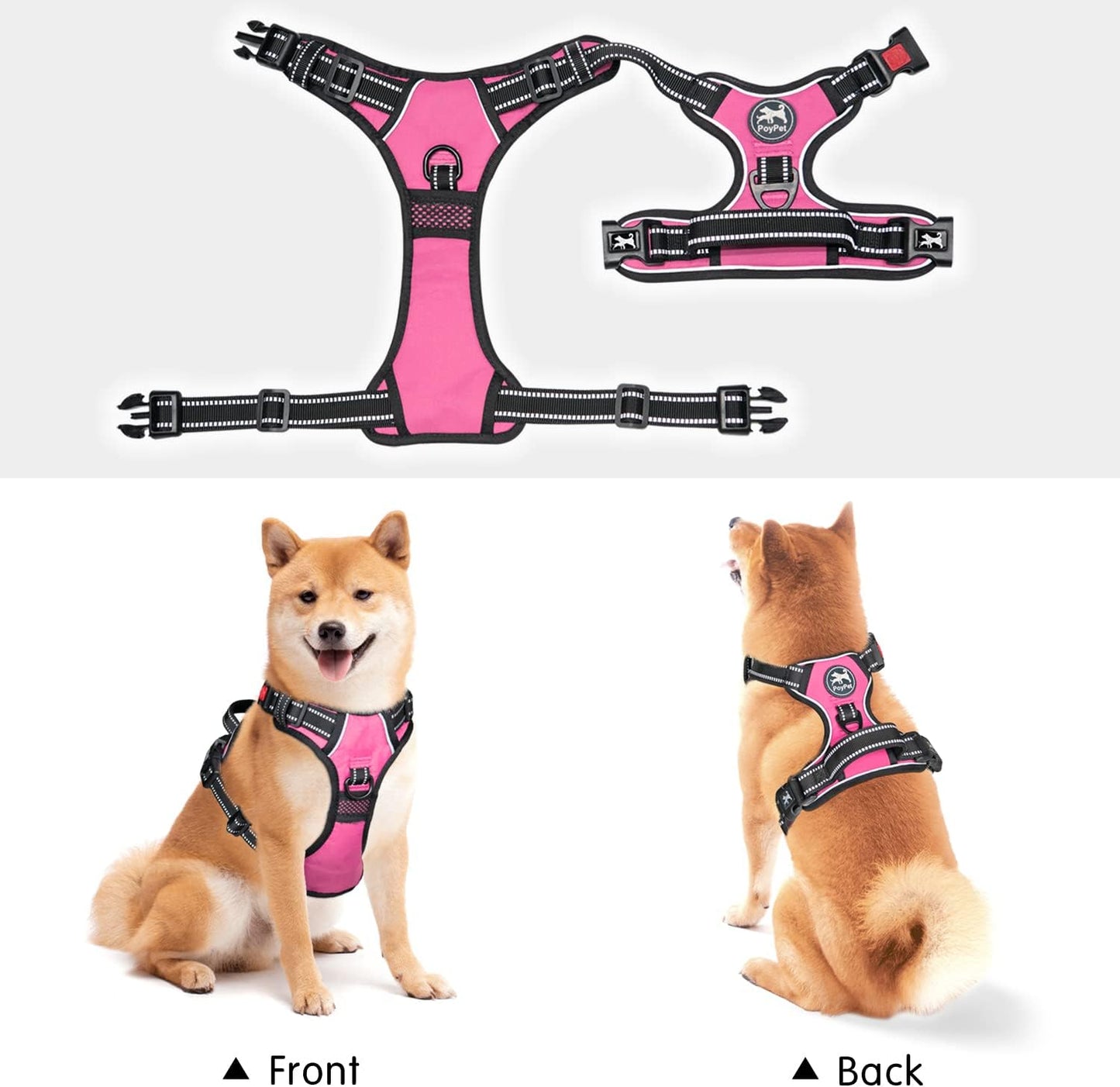 PoyPet No Pull Dog Harness, No Choke Front Lead Dog Reflective Harness, Adjustable Soft Padded Pet Vest with Easy Control Handle for Small to Large Dogs(Pink, Medium)