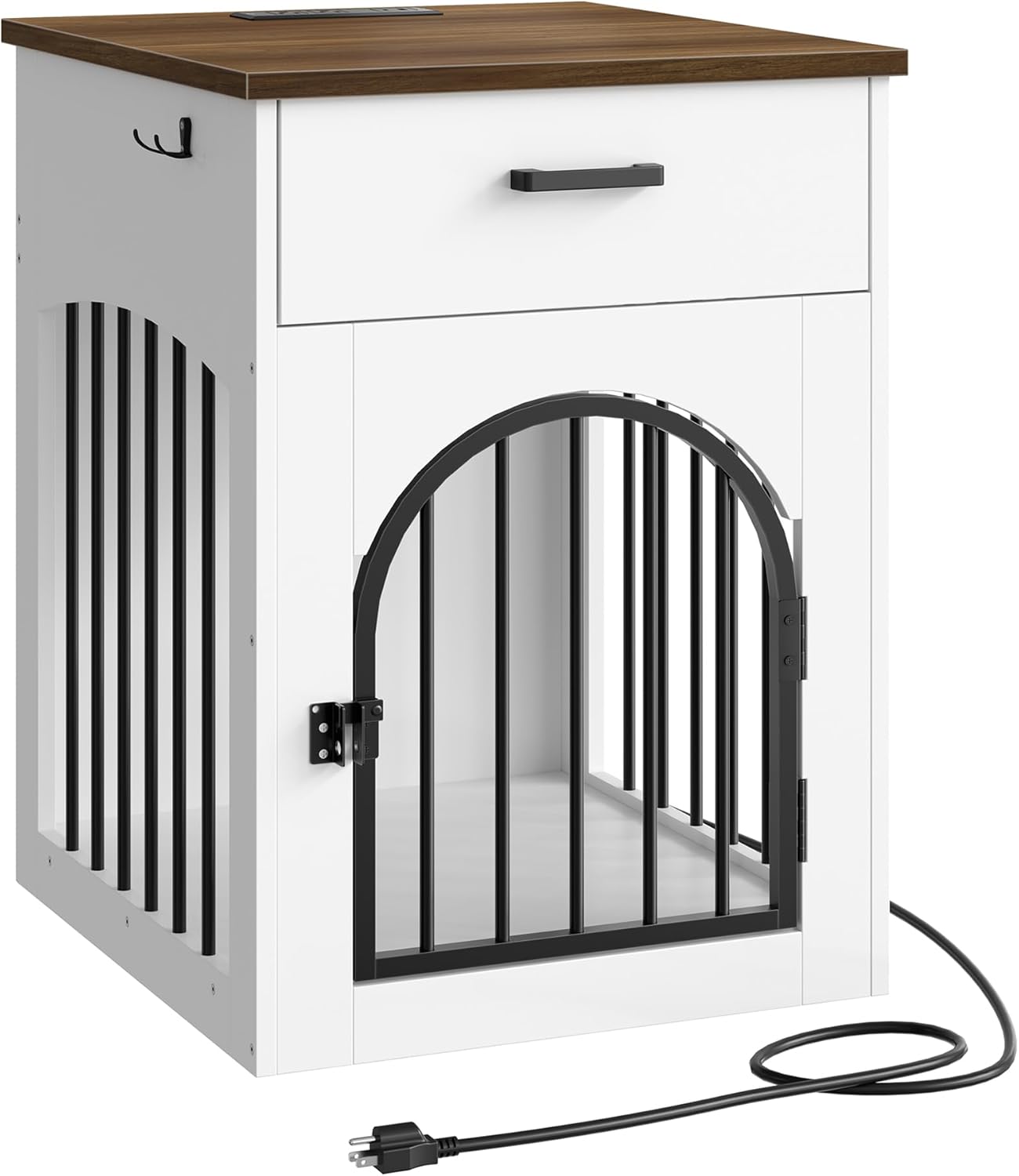 Dog Crate Furniture, Wooden Dog House with Charging Station and Storage Drawer, Indoor Pet Crate End Table for Small Breeds, Dog Kennel for Living Room, Bedroom, White and Walnut MGW01UWL