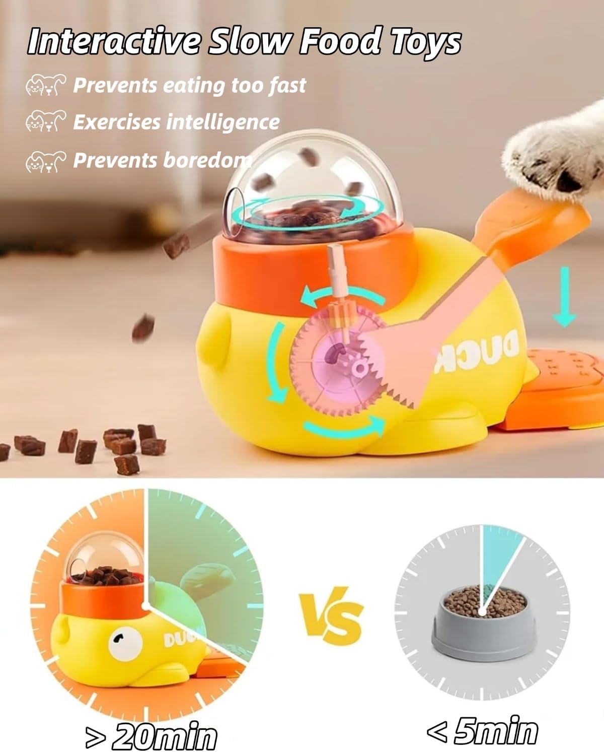 Cat Puzzle Treat Dispenser, Puzzle Feeder Dog Treat Dispenser Toy, Duck Pet Feeder, Slow Feeder Dog Bowls, 3 Sizes of Lids, Duck Treat Dispenser, IQ Training and Exercise for Cats and Dogs