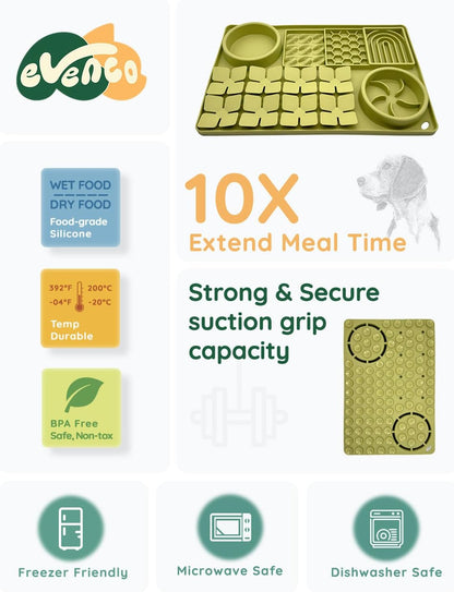 Slow Feeder Bowl Bundle: Green 4in1 Licking mat (15.75" x 10.5" x 1.2") + Green Starry Sky Feeder (4.3" x 2.9"), Silicone Lick mat with Suction Cups for Slow Eating and Keep Busy