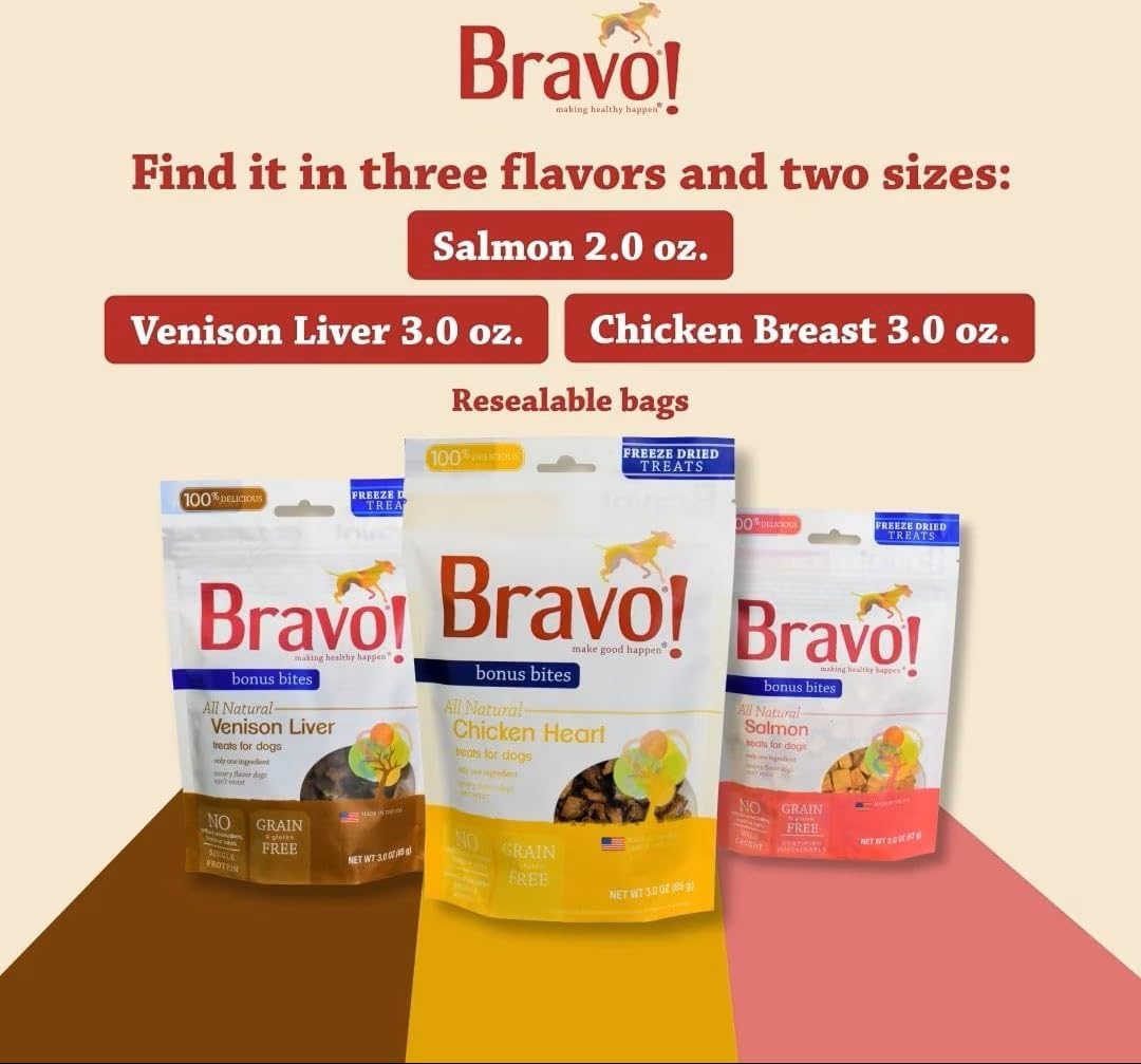 Bravo! Bonus Bites Single Ingredient Freeze Dried Raw Dog Treats, Venison Liver, 3 Ounce, High Protein, Grain Free, Gluten Free