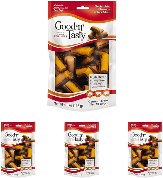 Good'n'Fun Good 'n' Tasty Triple Flavor Roll Ups 4 Oz Cheese, Beef, Pork (Pack of 4)