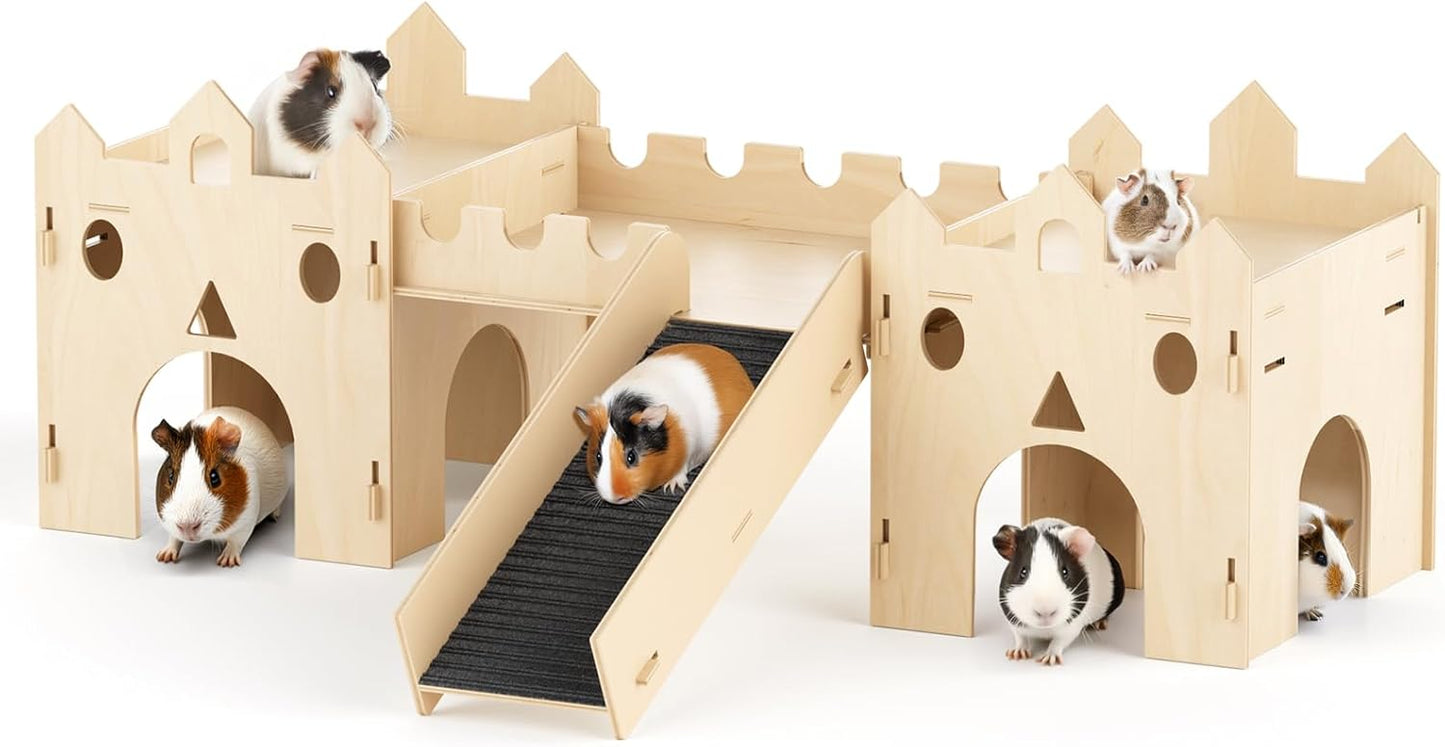Guinea Pig Hideout House, Deluxe Wooden Hamster Hideout with Climbing Ladder & Rest Zone, Bunny Castle Tower Toy for Guinea Pig Chinchilla Gerbil Hedgehog Small Animal House Habitat Hut