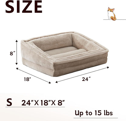 Cat Couch for Pets, Washable Cat Beds for Indoor Cats, Super Soft Plush Supportive Dog Couch Bed for Puppy and Kitten with Anti-Slip Bottom, 24inch, Beige