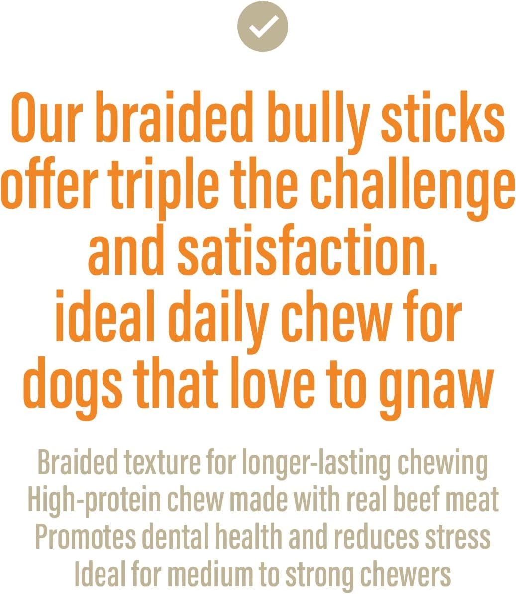 Chewer's Joy Braided Bully Sticks (3 Count) – Natural Dog Treats – Single Ingredient Long-Lasting Chews, High Protein