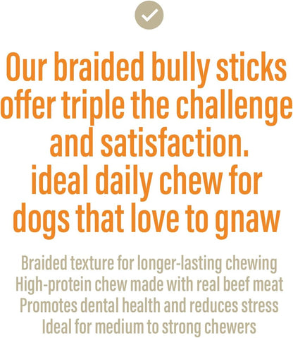 Chewer's Joy Braided Bully Sticks (3 Count) – Natural Dog Treats – Single Ingredient Long-Lasting Chews, High Protein