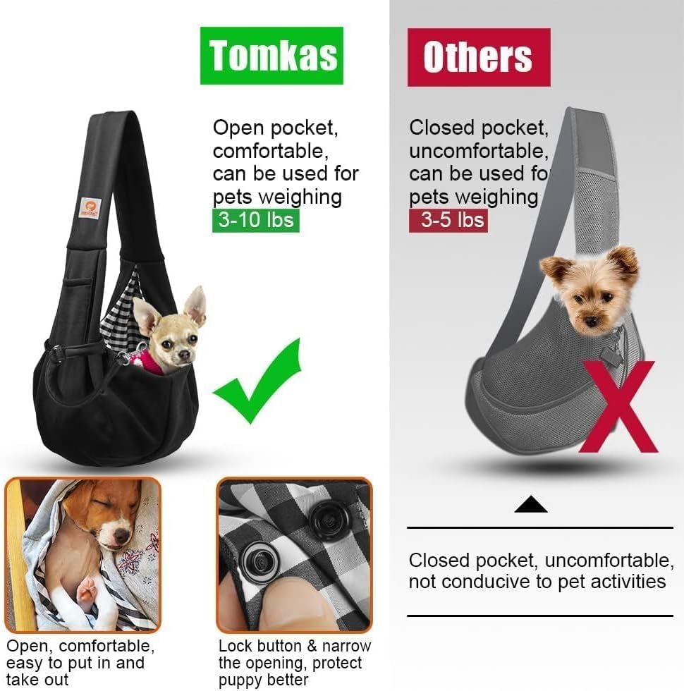 Tomkas Small Dog Sling Carrier - Classic Pocket & Classic Strap - for 3-10 lbs Pets(Black)