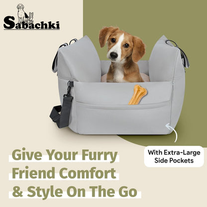 Dog Car Seat (Waterproof Booster) | Essential Travel Bed with Handles, Matching Pockets (Up to 30 Lbs) - Light Gray