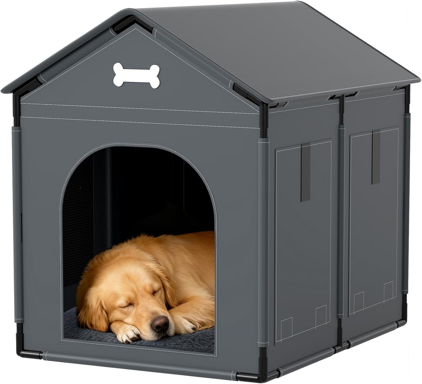 Extra Large Dog House Indoor with Plush Cushion, Dog Kennel for Inside with Sturdy Frame, Waterproof Pet House Suitable for Medium Large Dogs, 34x27x34in, Gray