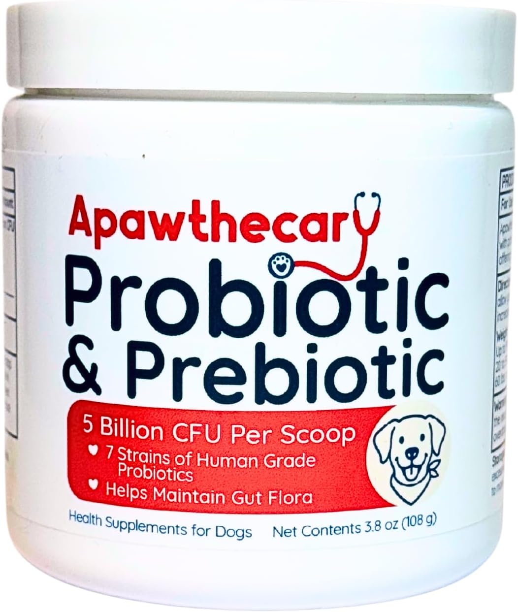 Apawthecary Probiotic and Prebiotic Supplement for Dogs, 5 Billion CFU, 7 Strains, Gut Health Support, 3.8 oz Powder with Pumpkin and Carrot
