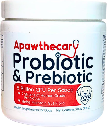 Apawthecary Probiotic and Prebiotic Supplement for Dogs, 5 Billion CFU, 7 Strains, Gut Health Support, 3.8 oz Powder with Pumpkin and Carrot
