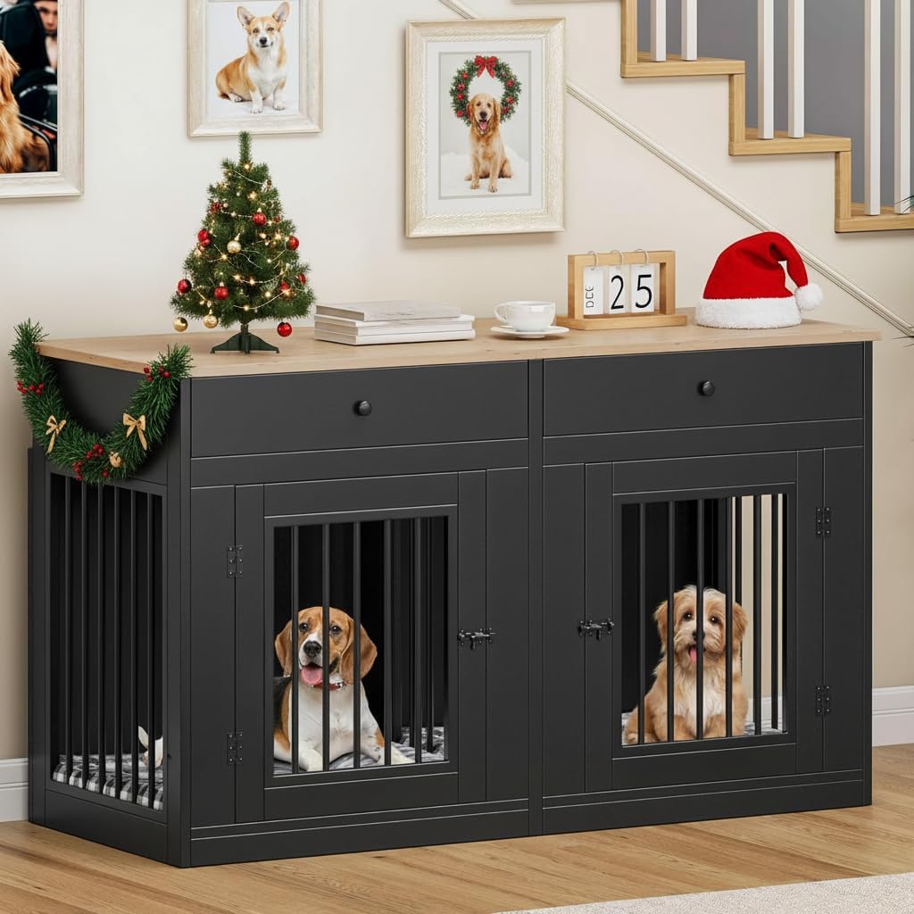 YITAHOME 60" Double Wooden Dog Crate Furniture with Removable Divider & Storage Drawers, 2 Doors Kennel with Locks for Medium & Large Dogs, Multi-Functional Dog Crate End Table for Indoor use, Black