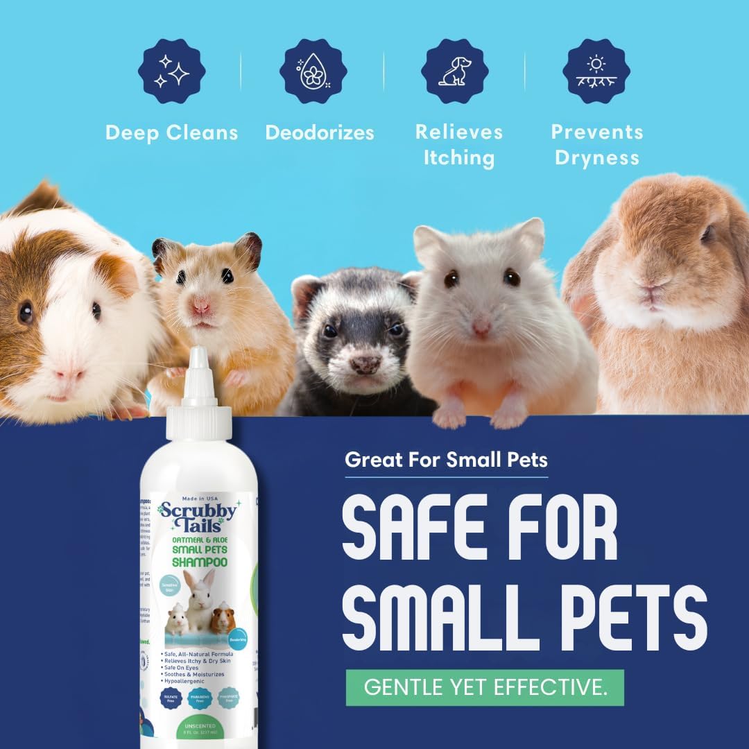Natural Oatmeal & Aloe Vera Small Pets Shampoo for Guinea Pig, Bunny, Ferret & Rabbit Shampoo - Hypoallergenic for Sensitive Skin. 8 fl. oz. (Unscented)