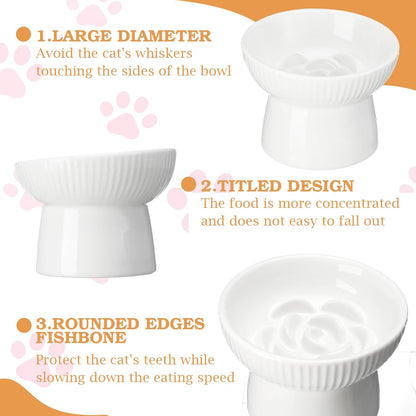 2 Pcs Raised Cat Slow Feeder Bowl Ceramic Elevated Cat Bowls, No Spill High Edge, Anti Vomiting for Pets Kitten Puppies Dry Wet Food and Water, Dishwasher Safe