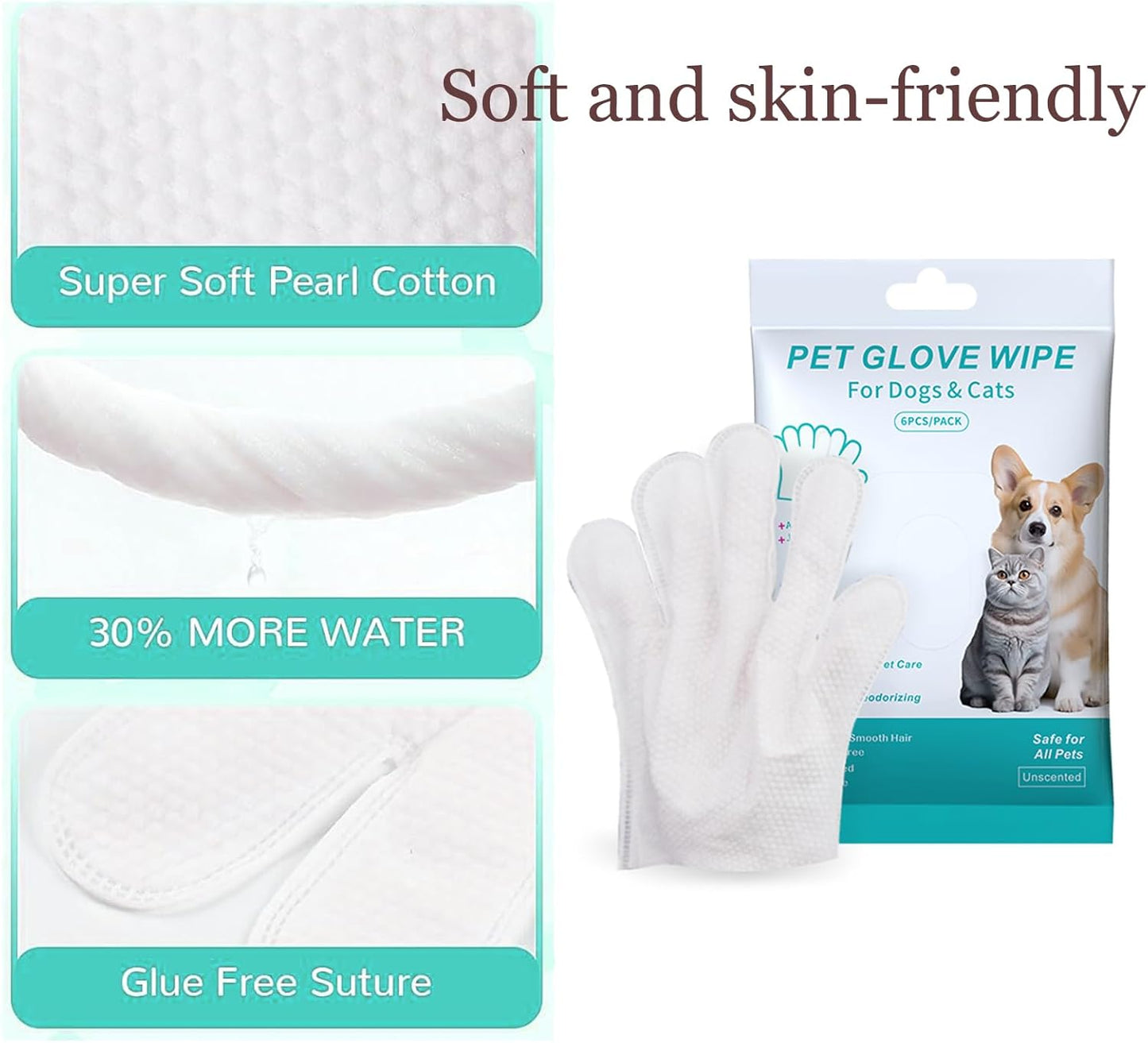 Pet Glove Wipes,Dog and Cat Cleaning Gloves, Cleaning Glove for Dog and Cat, Fur Face, Ears, Eyes, Pet Grooming Wipes, Nourishing Fur, for Daily Care and Travel, No Rinse(6PCS)