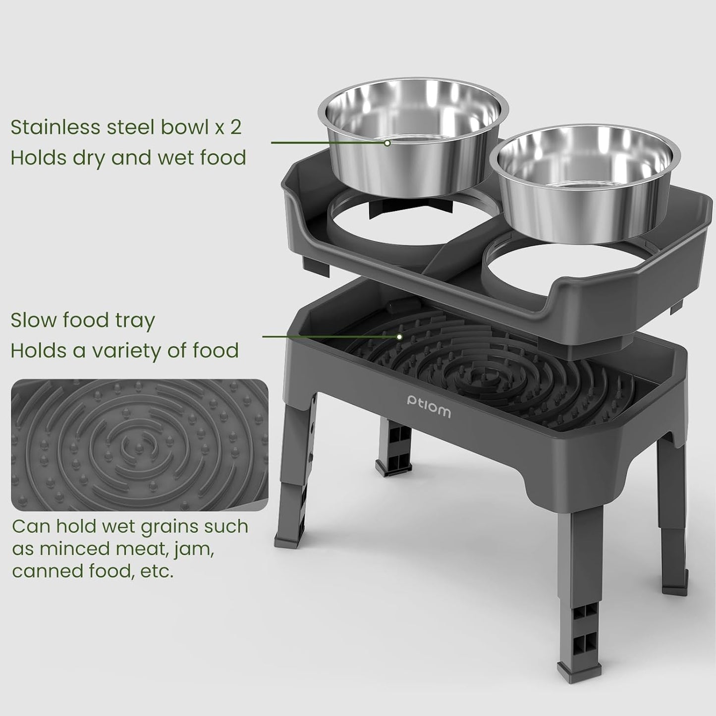 KPWACD 3-in-1 Elevated Dog Bowls Mess Proof Raised Slow Feeder Dog Bowls, 4 Height Adjustable Stand Licking Plate with 2 56oz Stainless Steel Doggy Food Dish for Small Medium Large Pets