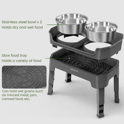 KPWACD 3-in-1 Elevated Dog Bowls Mess Proof Raised Slow Feeder Dog Bowls, 4 Height Adjustable Stand Licking Plate with 2 56oz Stainless Steel Doggy Food Dish for Small Medium Large Pets