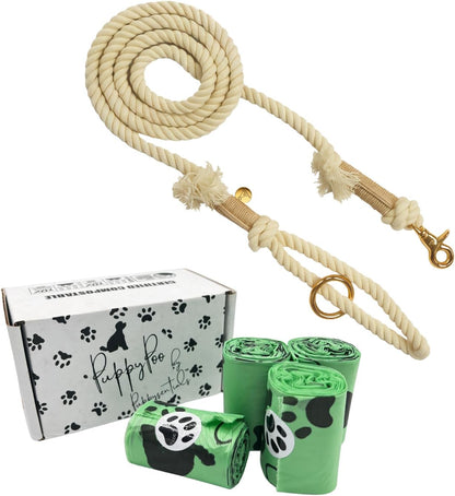 Premium Cotton Rope Leash & Compostable Poop Bags Set – 5 ft Cream Durable, Stylish Leash for Medium/Large Dogs + 120 Extra-Thick, Leak-Proof, Eco-Friendly Waste Bags