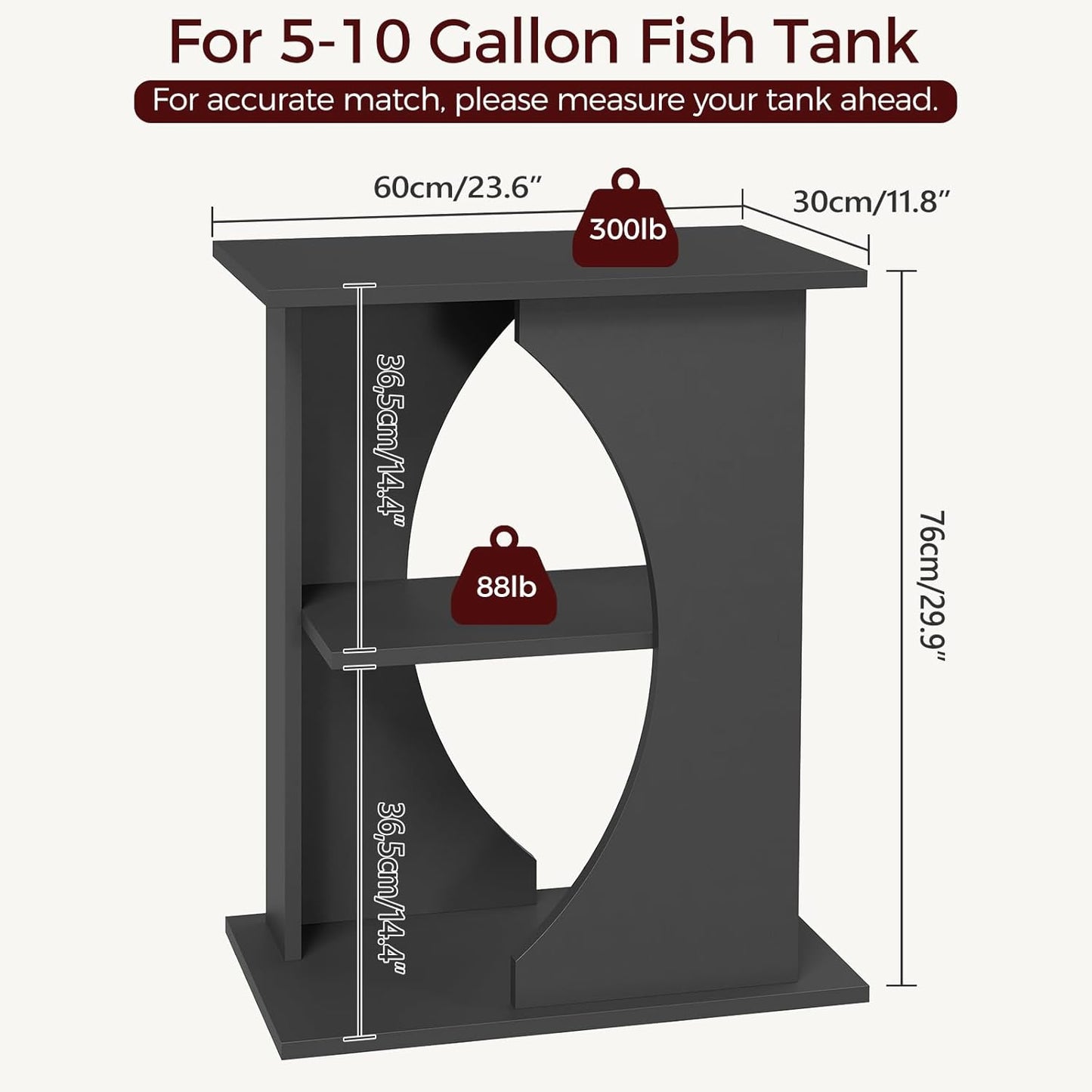 10 Gallon Fish Tank Stand, Wooden Aquarium Stand with 3-Tier Storage Shelves, Heavy Duty Turtle Reptile Terrarium Tank Stand for Home Office, 23.6" L x 11.8" W x 29.9" H, Black FTBK7601