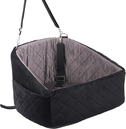 Small Dog Car Seat Booster Soft Thick Cushion for Pets Under 30lbs Detachable & Machine Washable 2 Safety Belts & Storage Pockets Secure Travel Bed for Compact Cars