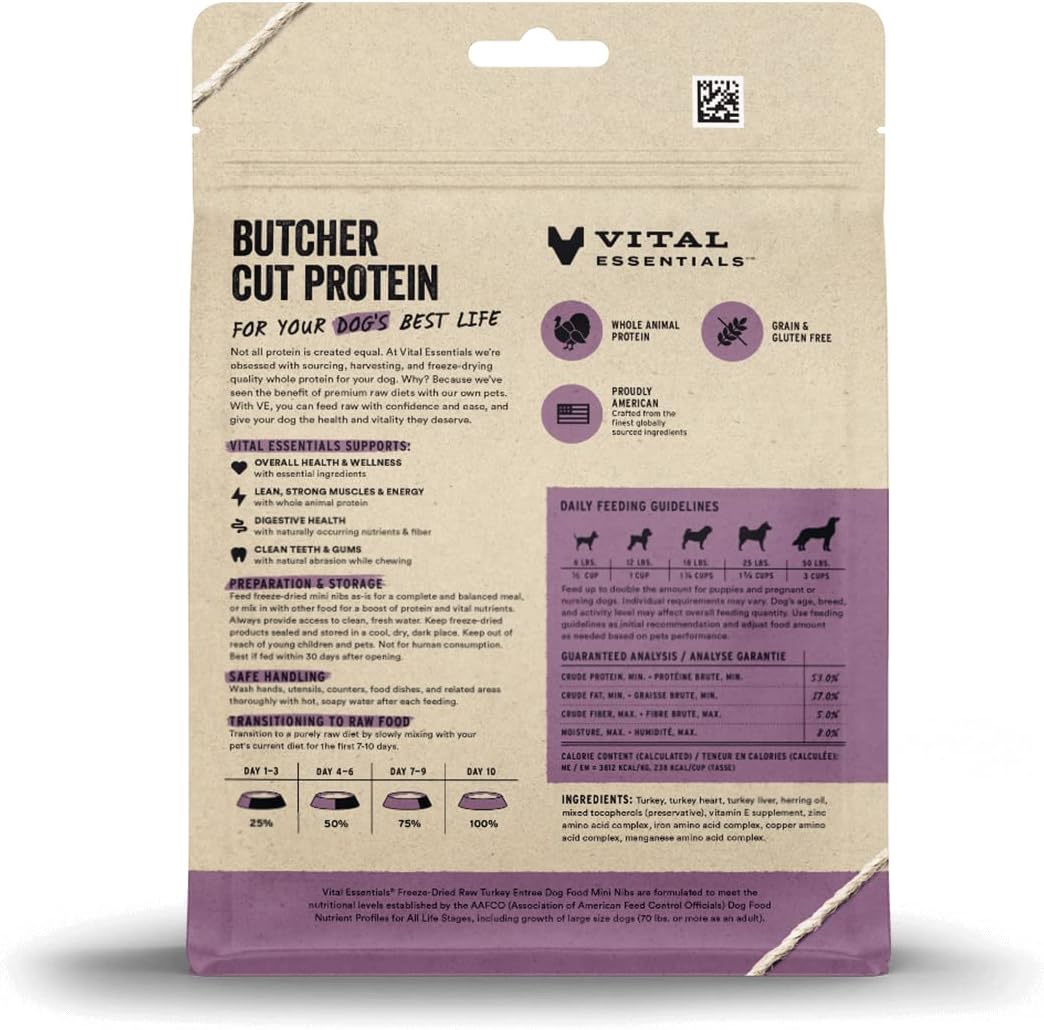 Vital Essentials Freeze Dried Raw Dog Food Variety Pack, Complete & Balanced Whole Animal Protein, Beef & Chicken & Turkey Mini Nibs 5.5 oz