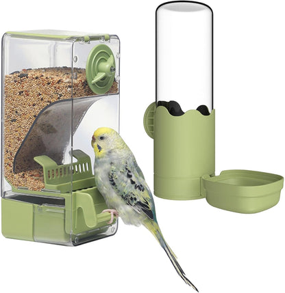 Bird Feeder Water Dispenser Set, Automatic Cage Feeder with Perch for Seed Parakeet Canary Cockatiel Finch Budgies Cage Accessories (Green)