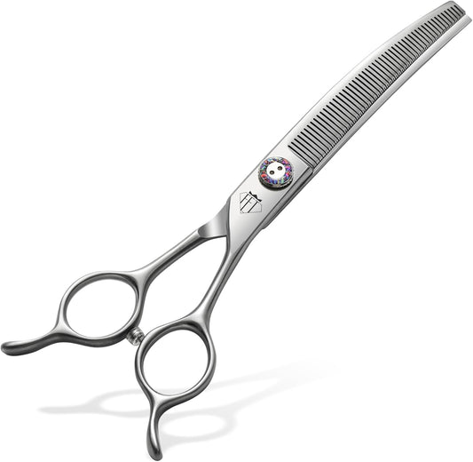Professional Dog Grooming Scissors, 7 Inch JP440C Stainless Steel, 25% Thinning Curved Shears with Ergonomic Handle, Silver (Curved Thinner, 7.5")