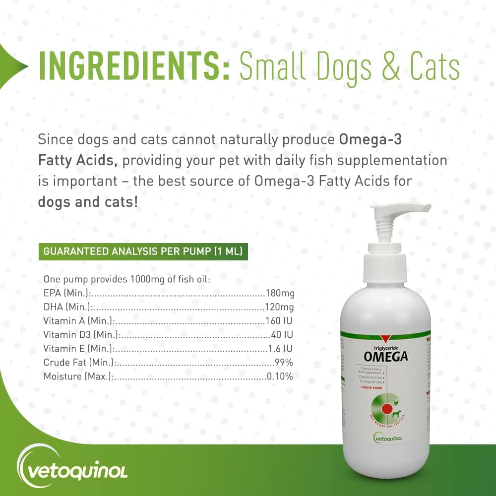 Vetoquinol Triglyceride Liquid Omega 3 Supplement for Dogs & Cats, Liquid Fish Oil Supplement w/EPA and DHA, Promotes Skin, Coat, Joint, & Immune Health, Omega 3 Fish Oil for Dogs & Cats, 8oz, 2 Pack