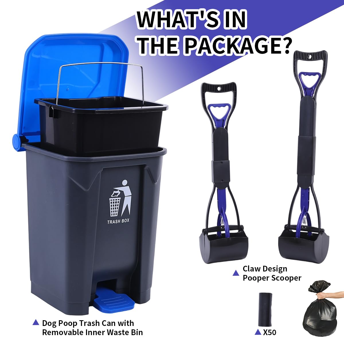 Pooper Scooper 2 Pack with 20 Litre Step Dog Poop Trash Can, 28" Long Handle Dog Poop Scoopers for Large Small Dogs Heavy Duty, Removable Inner Bucket for Outdoors, 50 Waste Bags Included (Blue)