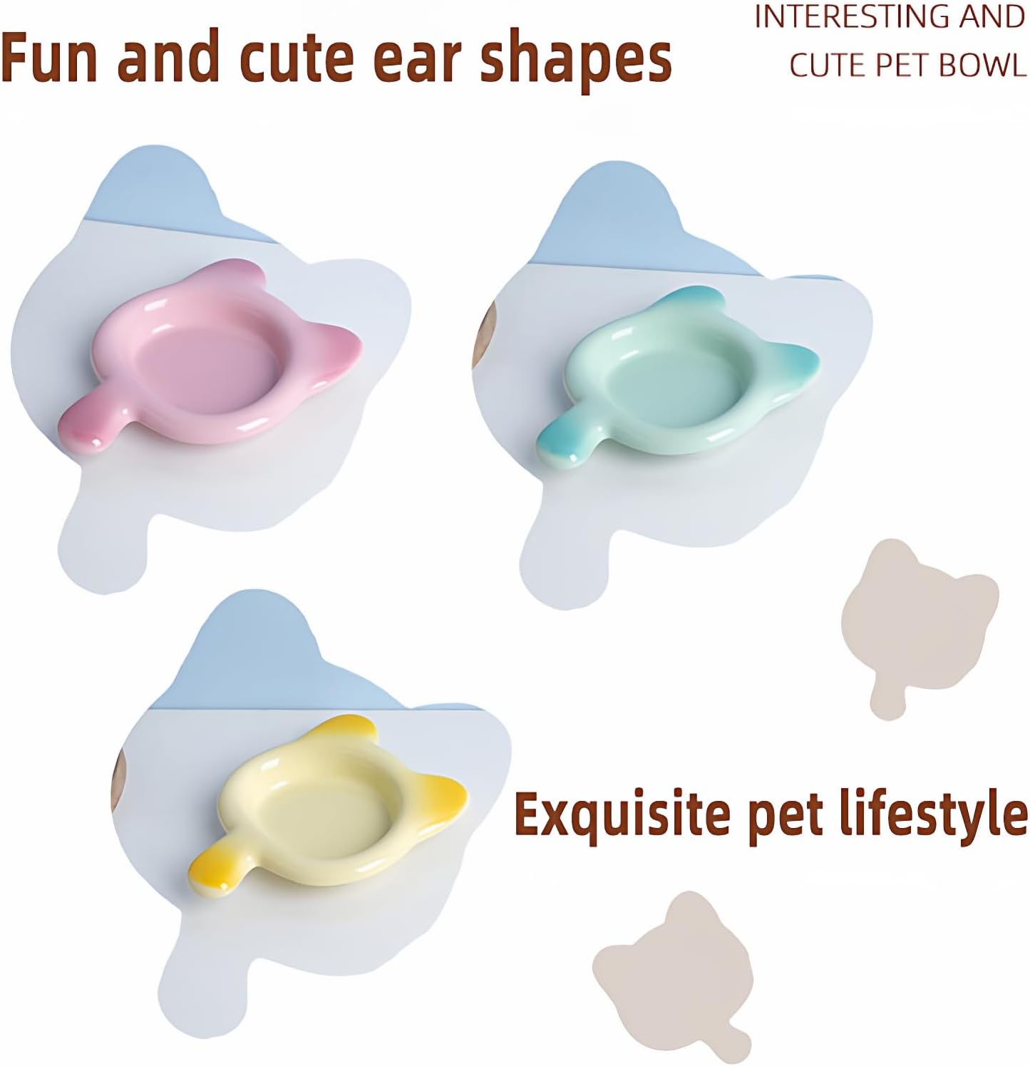 Pink Gradient Ceramic Cat Dish with Handle, 7.68-Inch Length,6.69-Inch Wide and 1.18-Inch Tall Saucer with 7.07-Ounce Capacity Cute Ears Shaped Pet Bowl for Cats and Small Dogs(Pink)