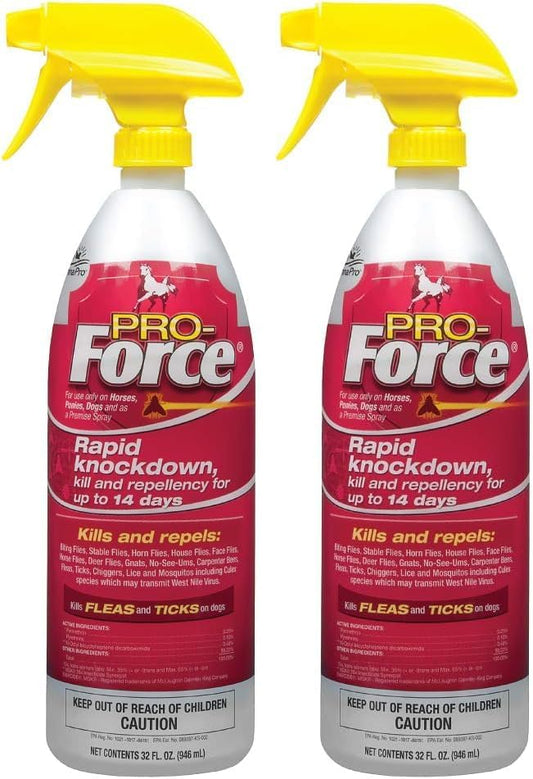 Manna Pro Pro-Force Fly Spray | Rapid Knockdown Fly Repellent for Horses | Repels More Than 70 Listed Species for up to 14 Days | 32 oz (Pack of 2)