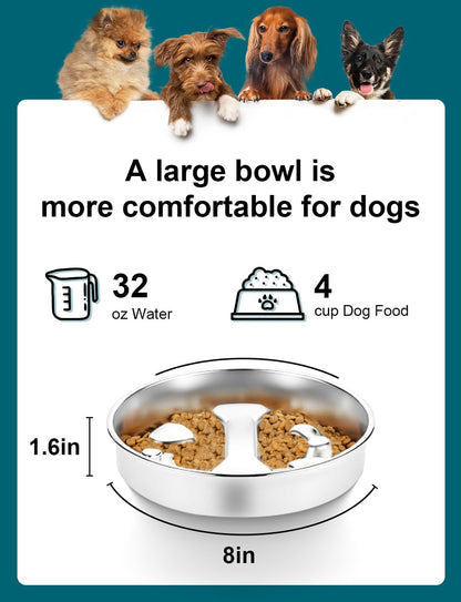 Slow Feeder Dog Bowls，8.2-inch Diameter Dog Slow Feeder Bowl，304 Stainless Steel Heavy Duty with Non-Slip Rubber Base，4Cups Capacity for Medium & Large Dogs to Slow Down Eating