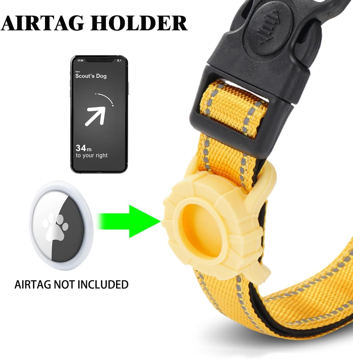 JSXD AirTag Dog Collar, Night Reflective Nylon Dog Collar for Small Medium Large Dogs,Lockable Quick Release Buckle,Padded Breathable Pet Collar with AirTag Holder (Yellow, Large)