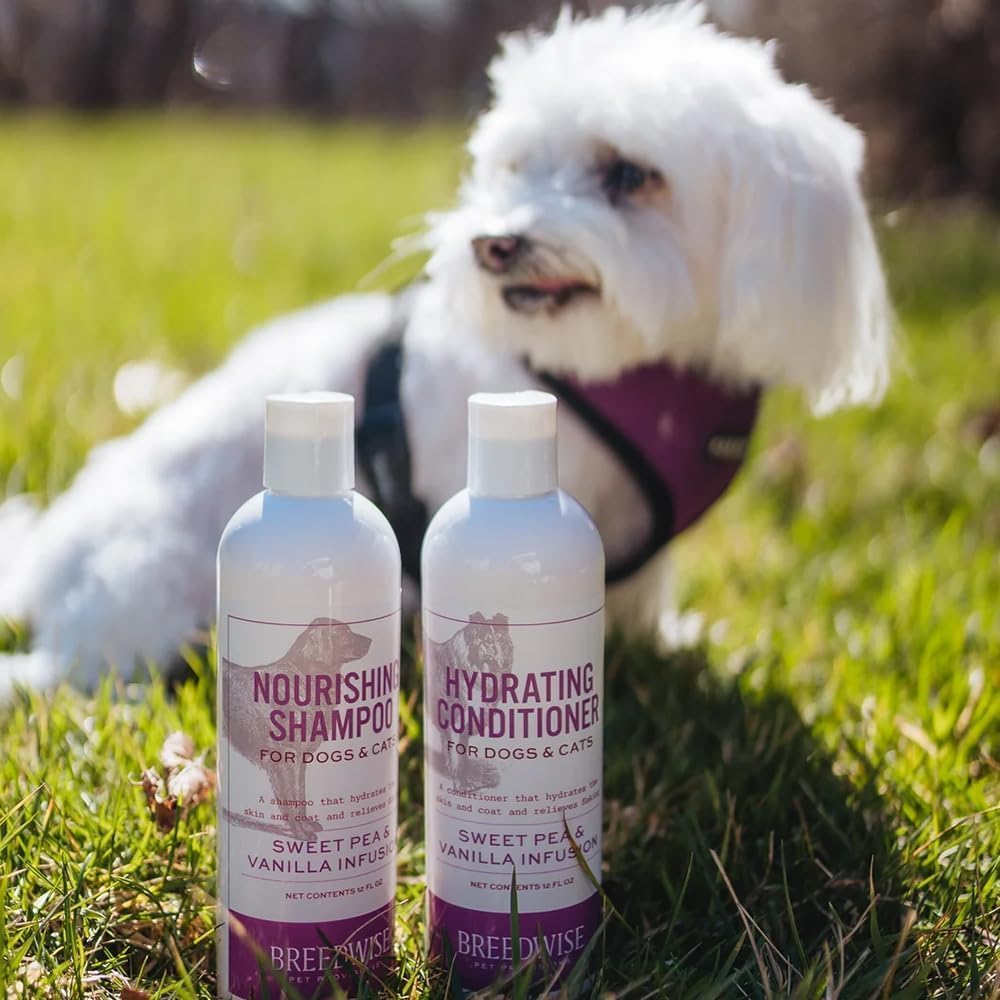 Dog & Cat Conditioner | Moisturizing Hypoallergenic Formula for Soft, Shiny Coat | Sweet Pea & Vanilla | 12oz Bottle - Made in USA - Breedwise