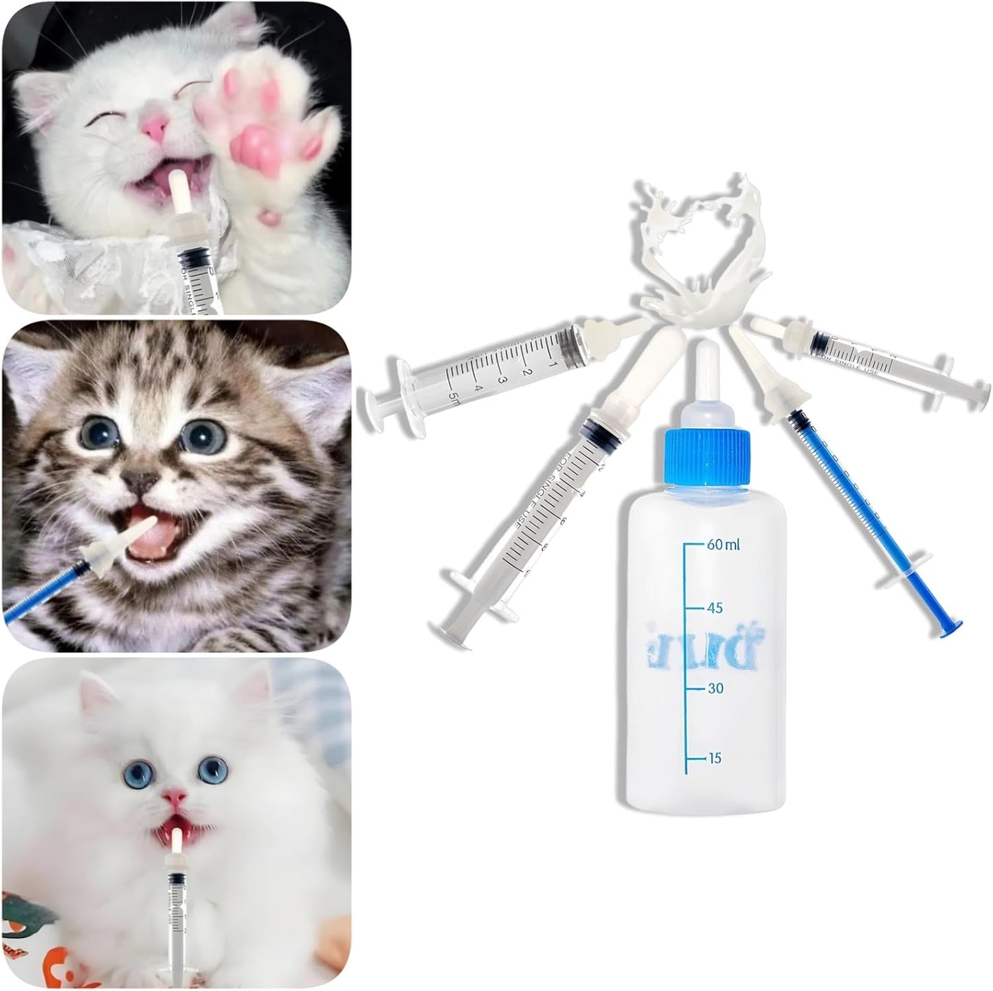 Kitten Bottle Feeding Kit 1ml 3ml 5ml 10ml 60ml Kitten Milk Replacement Bottles Small Animals Waterer Feeder for Nursing Newborn Kittens Cat Rabbit