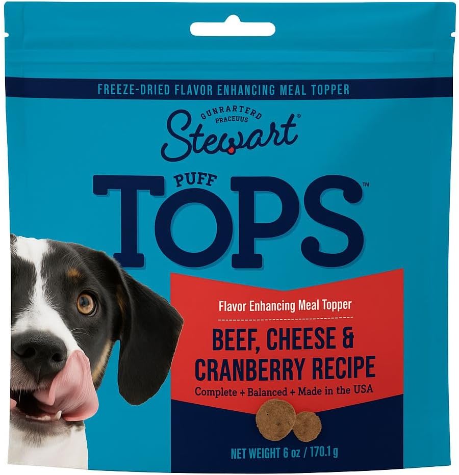 Stewart Freeze Dried Dog Food Topper, PuffTops, Beef, Cheese & Cranberry, 6 Ounce Resealable Pouch, Flavor Enhancing Meal Topper or Dog Treat, Made in USA
