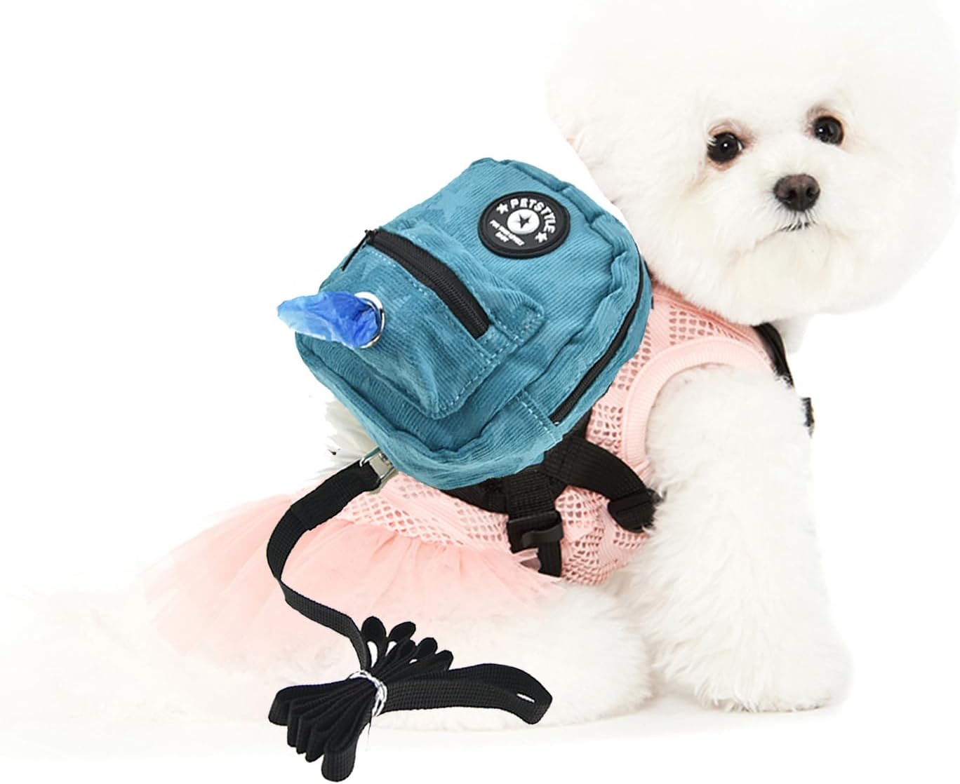 FLAdorepet Dog Backpack Harness with Leash, Dog Poop Bag Dispenser, Pet Self Carrier Adjustable Travel Hiking Walking Harness Backpack for Small Medium Dogs (L(Fit:10-15lb), Blue)