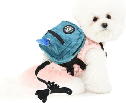 FLAdorepet Dog Backpack Harness with Leash, Dog Poop Bag Dispenser, Pet Self Carrier Adjustable Travel Hiking Walking Harness Backpack for Small Medium Dogs (L(Fit:10-15lb), Blue)